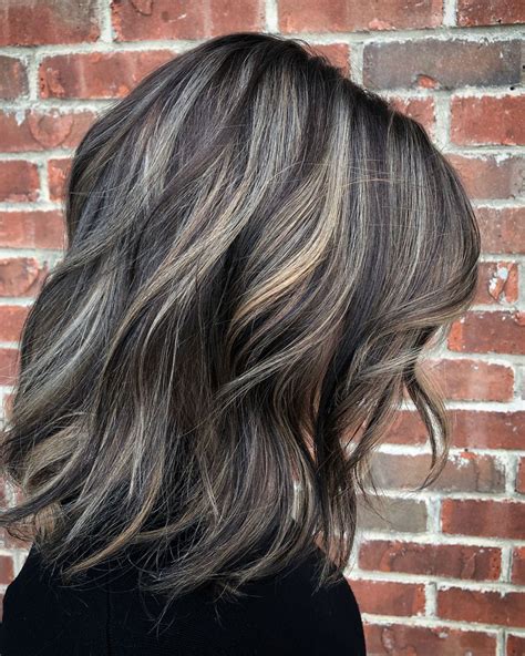 brown hair with white highlights|brunette hair with grey highlights.